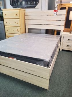 Queen Bed Frame with Slatted Headboard