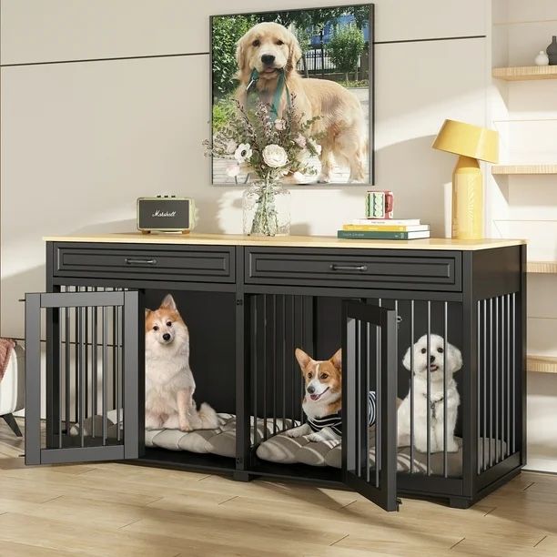 64.6" Large Double Dog Crate Kennel Furniture with Divider and 2 Drawers for 2 Small or Medium Dogs Indoor, Black