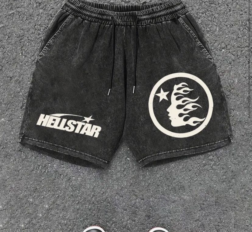Men's HELLSTAR 100% Cotton Casual Shorts - Soft, Comfortable, Loose Fit with Elastic Waistband & Drawstring, Grey Graphic Print, Perfect for Home or S