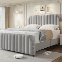Light Gray Velvet Queen Bed Frame With 50.2" Headboard. No Box Spring Needed. New In Original Box.  