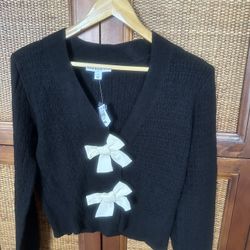 NWT! ‘And now this’  XS Chic Black Sweater, Cardigan top with Faux Cream Bows
