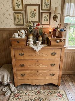Antique Pine Wood Dresser with Brass Hardware
