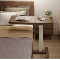 Solid Wood Overbed Bedside/Couch Table with Hidden Soft Wheels
