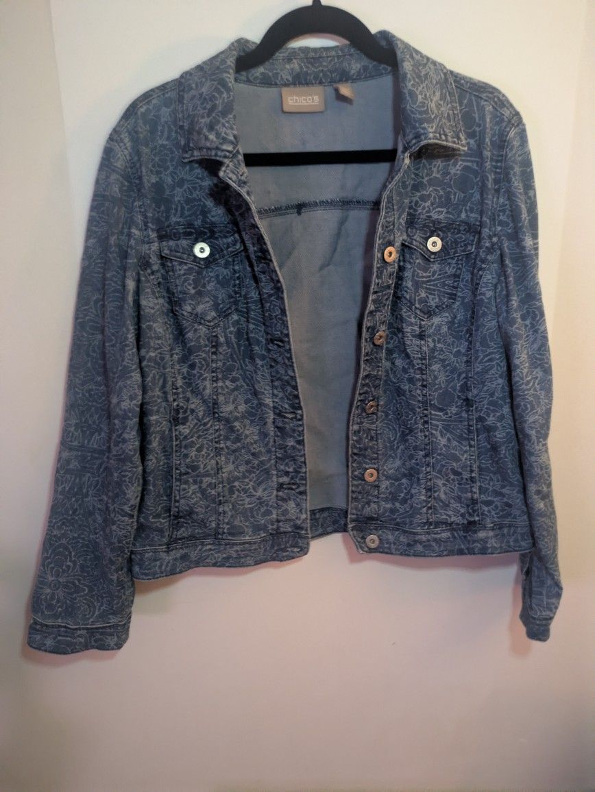 Chico Denim Jacket With Faint White Floral Print. SZ0 (12)