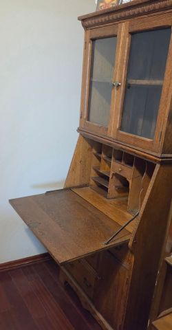 Antique Solid Oak Secretary Desk with Glass Bookcase Hutch