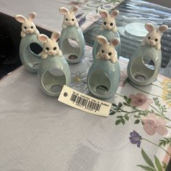 Ceramic Bunny Blue White Egg Napkin Rings Set of 6 Easter Table Decor