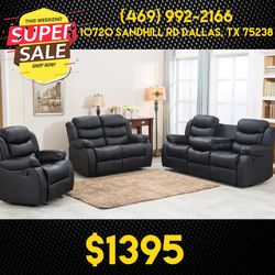 Recliner Leather Sofa Set 3pc - Delivery And Financing Available 