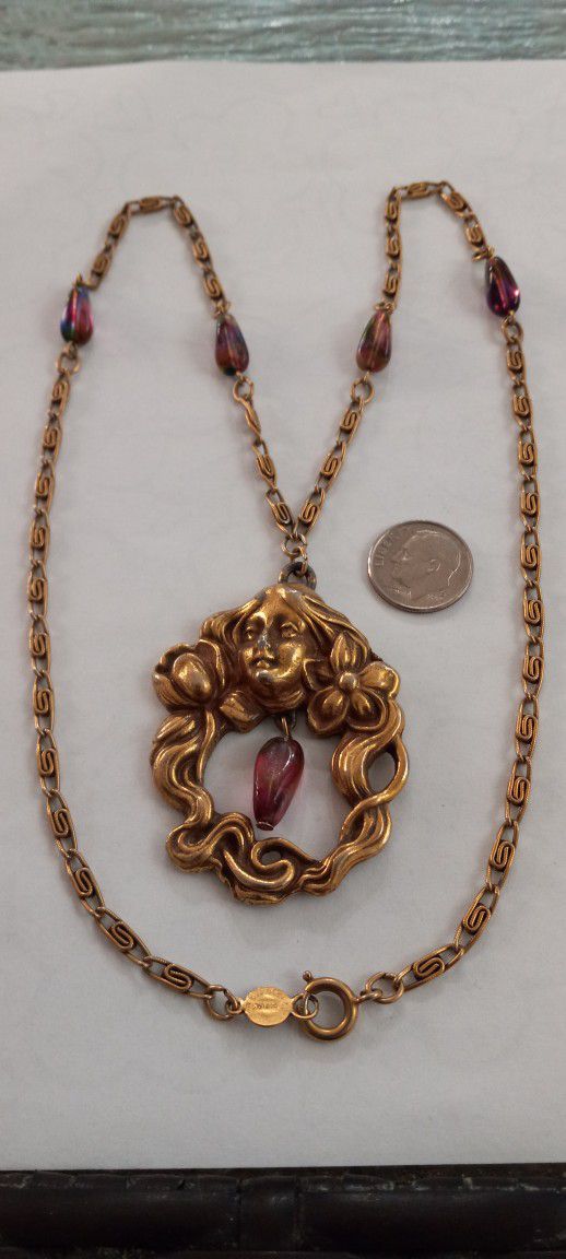 Vintage Accessocraft NYC New York City Art Deco Art Nouveau Lady Flowers Amber Purple Glass Rainbow Stones Pendant Necklace