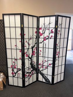 4 Panels Room Divider Plum Blossom Black