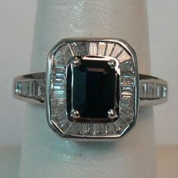 14KT WHITE GOLD RING WITH BLUE STONE AND DIAMONDS SZ-7 4.1 GRAM 