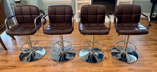 Set of 4 Modern Adjustable Swivel Bar Stools with Arms (Dark Brown/Chrome) - like new