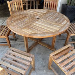 Round 55” teak table and 6 matching teak chairs (made by oceanic teak)  Located in concord  Recently cleaned and teak oiled Heavy and sturdy  No damag
