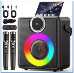 Karaoke Machine for Adults, 200W Retro Leather Portable Bluetooth Speaker with 2 Rechargeable Wireless Microphones, PA System with LED Display & Light
