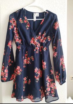 Mimi Chica Womens Navy Floral Cinched Waist Long Sleeve Tunic Dress size XS.