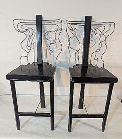 (2) Adam Smith Signed Hand Crafted Metal & Black Wood Counter Stools Titled - "Living", Seat Height - 25"