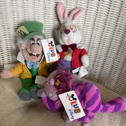 Disney Store Alice in Wonderland 8 in plushies- Cheshire Cat, Mad Hatter, Rabbit