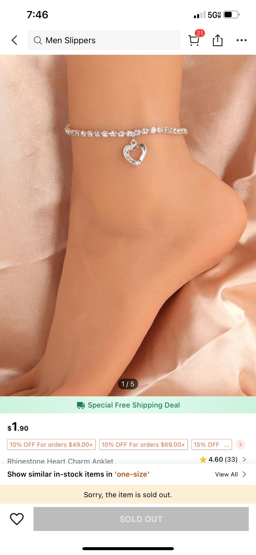 Rhinestone Heart Anklet