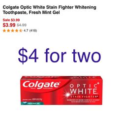 Colgate Optic White Stain Fighter Whitening Toothpaste, Fresh Mint Gel, Lot of 2 for $4