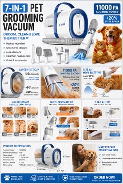 neisall Dog Grooming Vacuum, Pet Grooming Vacuum with Clipper Nail Grinder, 1.5L Dust Cup Dog deshedding Brush with 7 Tools for Shedding Pet Hair, Hom