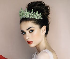 Crown Tiara Headband Silver-plated Metal with Green Crystal Rhinestones