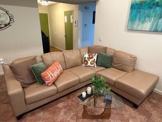 Tan Leather Sectional Sofa with Chaise and Armchairs