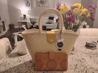 New Yellow Wicker Straw Bag/Purse/Wallet Set Handmade in Vietnam Genuine Leather($109.95 Value)