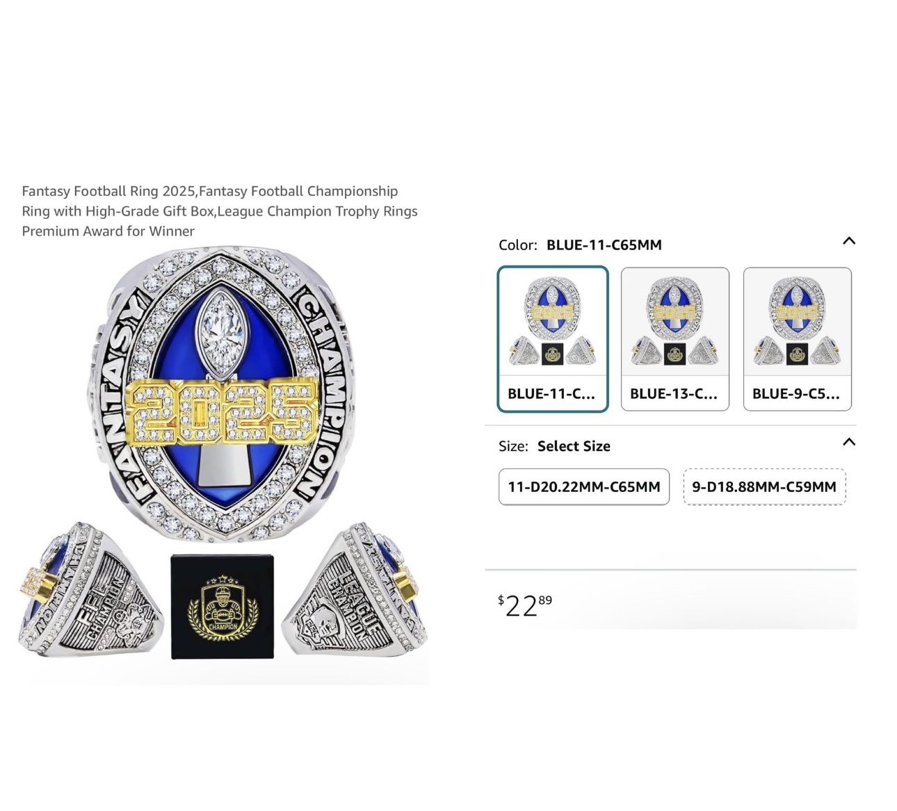 Brand new Size: 11-D20.22MM-C65MM Fantasy Football Ring 2025,Fantasy Football Championship Ring with High-Grade Gift Box,League Champion Trophy Rings