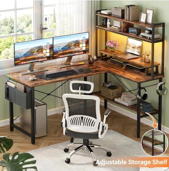 L Shaped Gaming Desk with Power Outlets & LED Lights, Small L-Shaped Desk Computer Corner Desk with Monitor Stand & Storage Shelf, Home Office Desk Wr