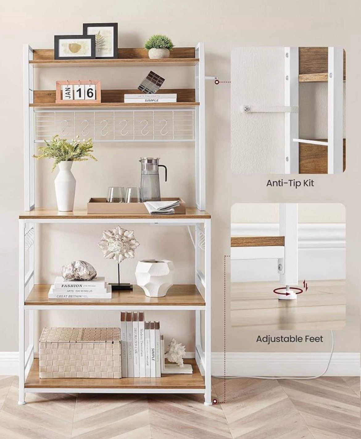 Hutch Bakers Rack with Power Outlet, 14 Hooks Microwave Stand, Adjustable Coffee Bar with Metal Wire Panel, Kitchen Storage Shelf, 15.7 x 