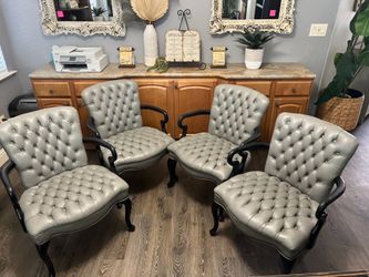 Set of 4 Gray Tufted Leather Accent Chairs