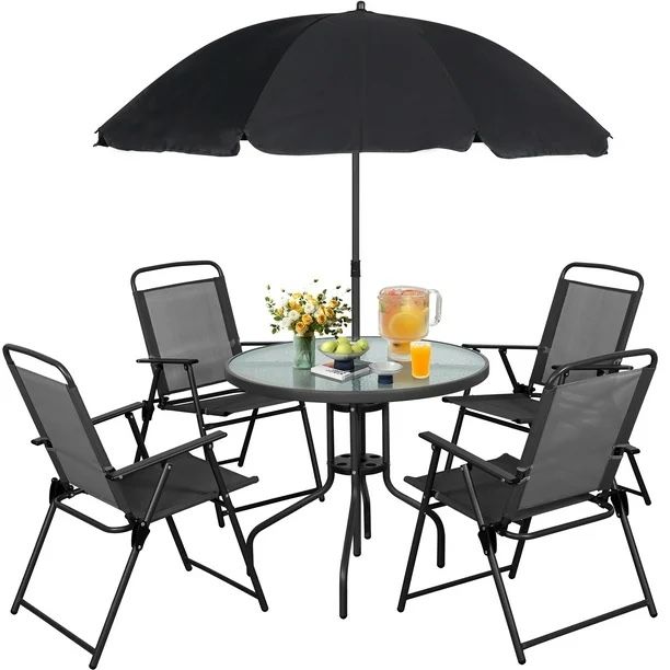 Walsunny 6 Piece Patio Furniture Set with Umbrella, Outdoor Patio Dining Set with 4 Folding Chairs and Tempered Glass Dining Table, Black
