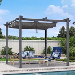 New PURPLE LEAF 10' X 10' Outdoor Retractable Pergola with Sun Shade Canopy Patio Metal Shelter for Garden Porch Beach Pavilion Grill Gazebo Modern Ya