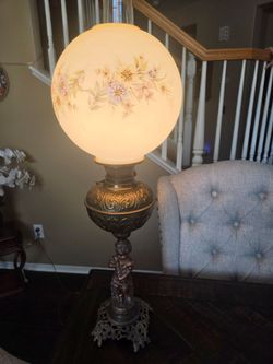 Antique Figural Banquet Lamp with Floral Globe