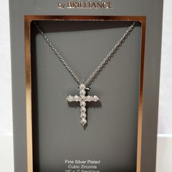 Believe By Brilliance - Fine Silver Plated Cubic Zirconia Cross Necklace - NIB