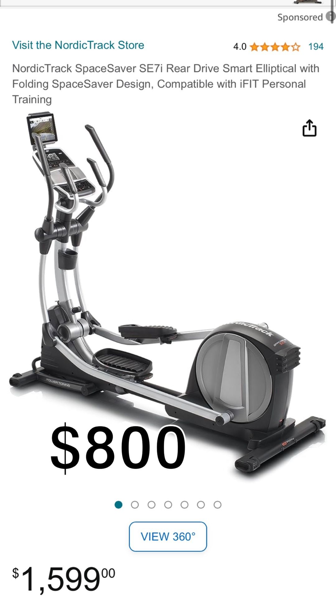 NordicTrack SpaceSaver SE7i Rear Drive Smart Elliptical with Folding SpaceSaver Design, Compatible with iFIT Personal Training