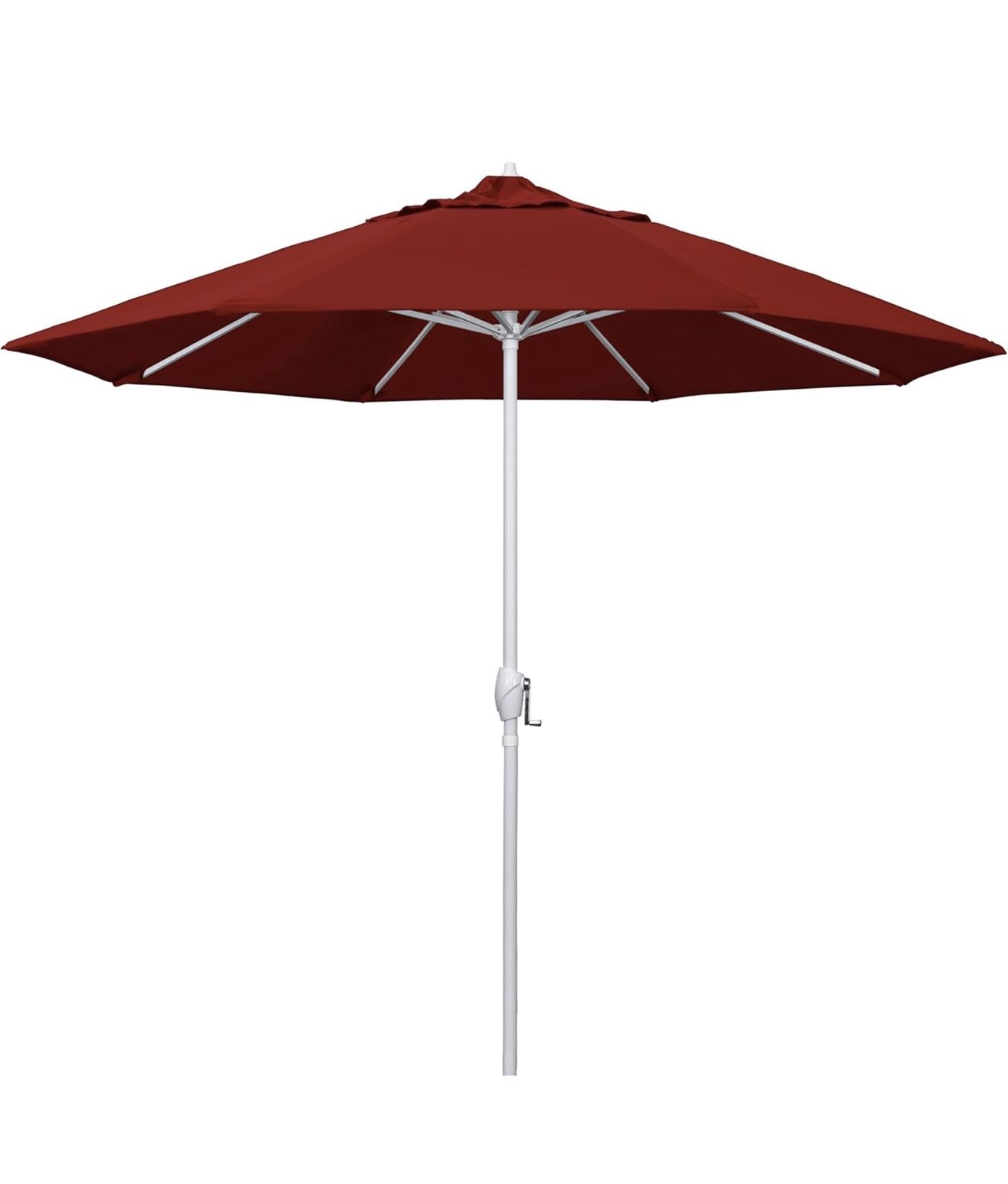 California Umbrella 9' Rd Aluminum Patio Umbrella, Crank Lift, Auto Tilt, White Finish, Sunbrella Jockey Red Color: Jockey Red Top highlights Fabric