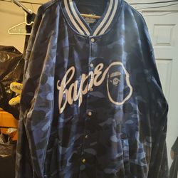 A Bathing Ape Blue Camo Sweat Varsity Jacket.