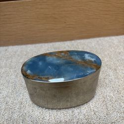 Vintage Stone Lid Metal Trinket Box / Decorative Jewelry Box
