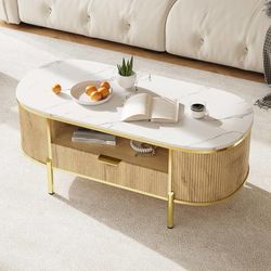 Modern Oval Coffee Table with Storage Organizer, 48" Wood Fluted Center Table for Living Room Office, Coffee Tables with Drawer, Shelf, Faux Marble To