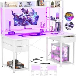 Desk with LED and Outlets, Gaming Desk with Hutch, 47.2'' Computer Desk with Drawers, Reversible Office Desk with Storage Bookshelf Large Workstation 