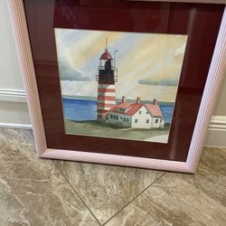 Vibrant Watercolor Lighthouse Signed Taggart 21 by 21