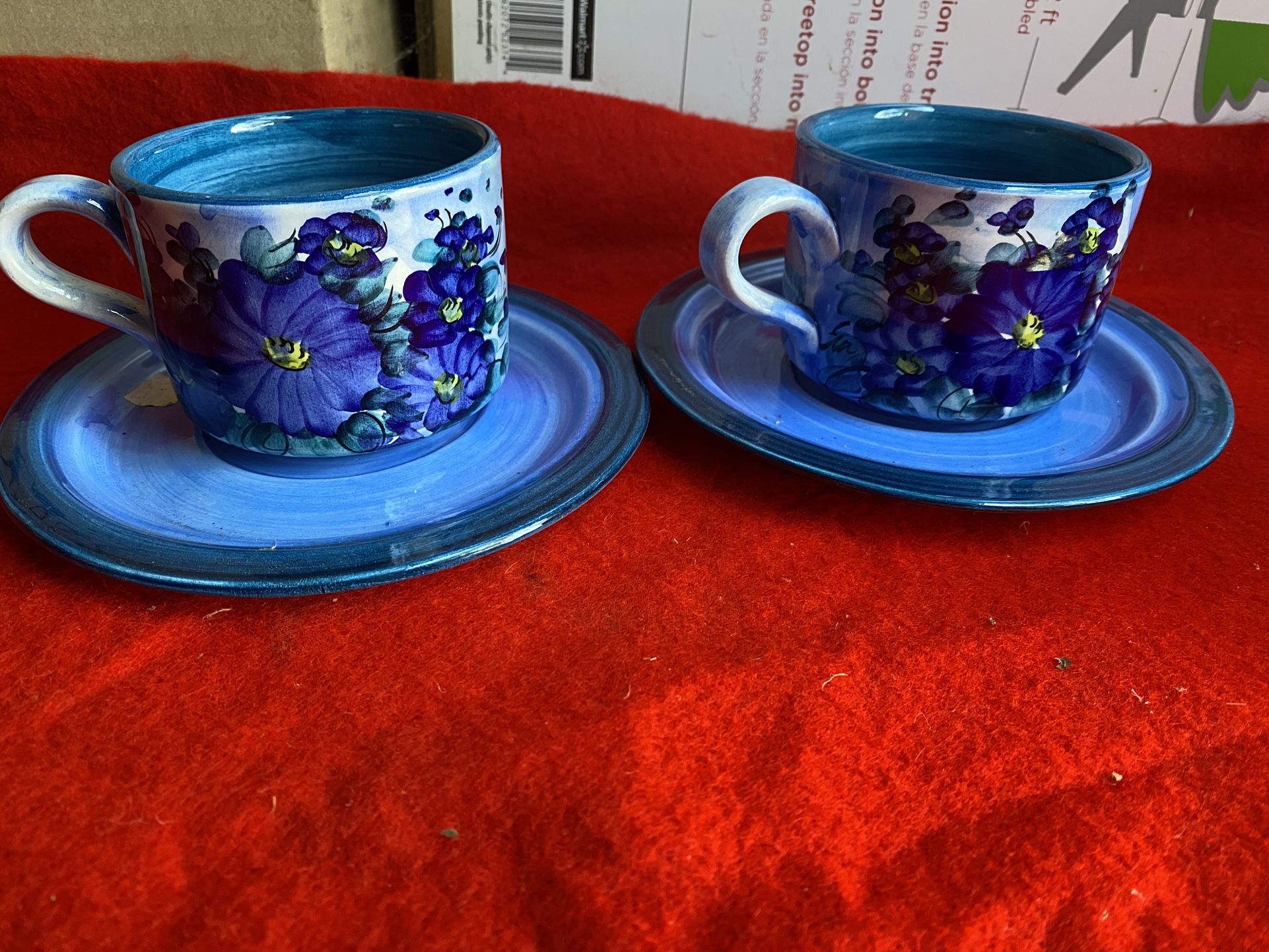 Set Of 2 Hand Painted Blue Greek Ceramic Cup & Plate Set Imported From Greece