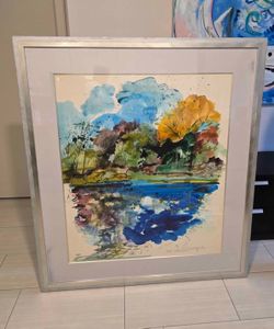 Large Framed Watercolor Painting Artist Signature