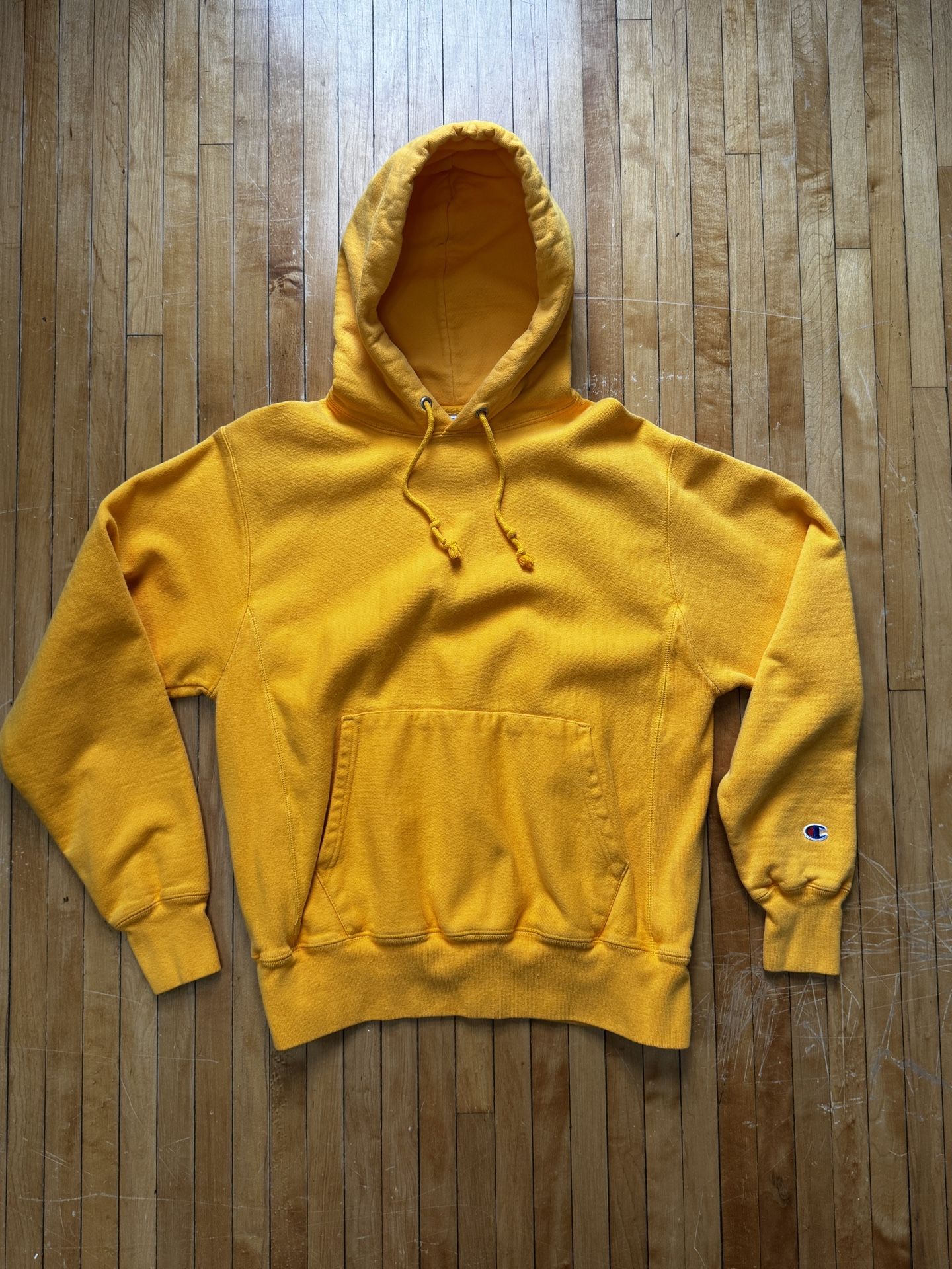 Champion Reverse Weave Hoodie Men's Yellow Pullover Cotton Sweatshirt Sz. M