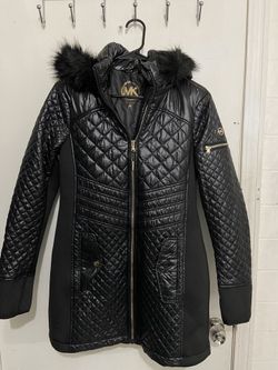 Michael Kors Womens Hooded Quilted Mixed Media Faux Fur Trim Jacket Coat M Black