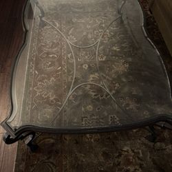 European Vintage -  Glass Scroll / Wrought Iron Coffee Table