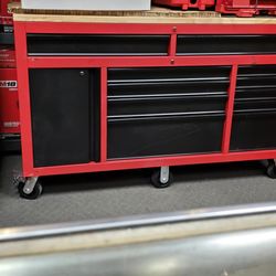 61" MILWAUKEE ROLLING TOOL BOX WITH WOOD TOP AND METAL PEG BOARD
