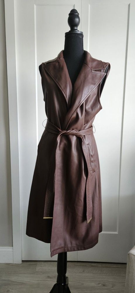 Faux Leather Sleeveless Long Belted Trench Coat 