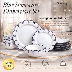 Brand New Sango 12-Piece Stoneware Dinnerware Set for 4, Glossy White Plates and Bowls Sets with Navy Scalloped Rims, Premium Dish Set, Dishes for Hos