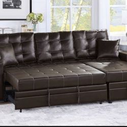 Brand New Espresso Leather Sectional Sofa Storage Sleeper